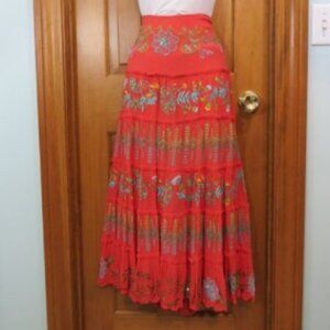 Basil & Maude Coral Crepe Skirt Midi Tiered Beaded Embroidered Lined Size 10